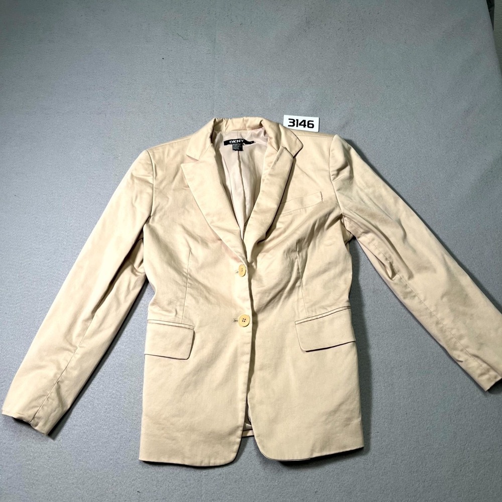 Dkny Blazer Jacket Womens 6 Beige‎ Cotton Stretch Career Formal Notch Lapel